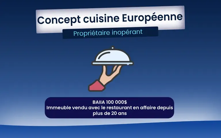 EC92431 - Concept cuisine Européenne - Propriétaire Inopérant BAIIA 100 000 - Immeuble vendu avec l'entreprise